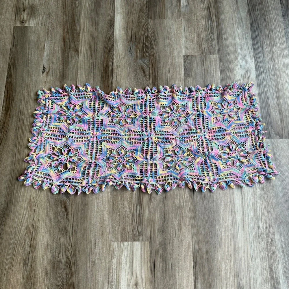 Handmade Crochet Table Runner Variegated Pastel Rainbow Cotton Doily 36x18 Boho